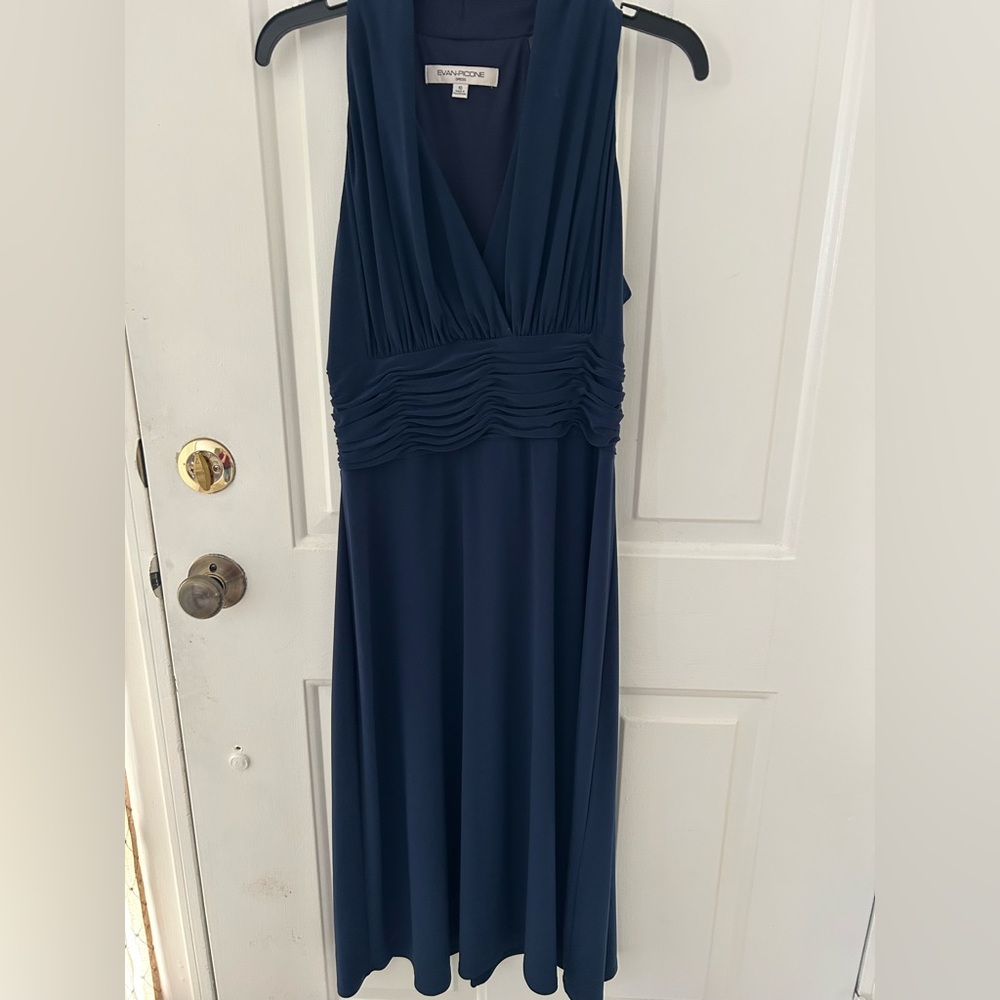 Evan Picone Navy V-Neck Pleated Waist Maxi Dress